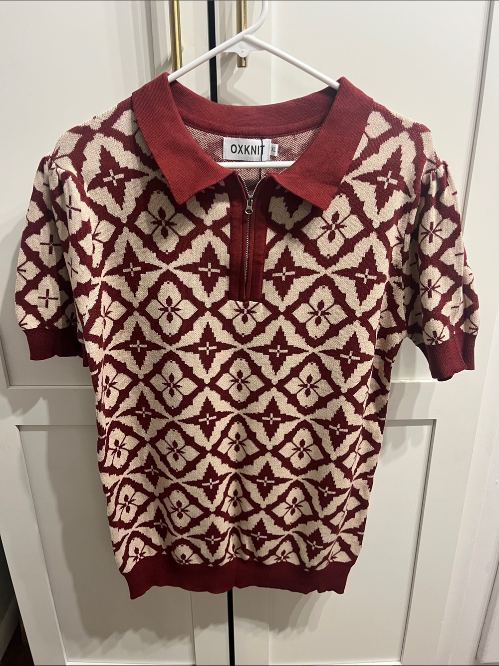 OXKNIT Women's Burgundy & Cream Zip Collared Shirt